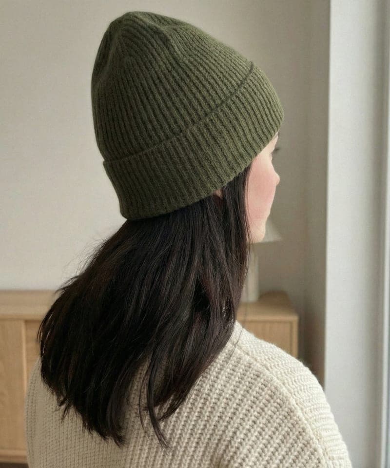 Woman wearing olive green ribbed cashmere hat indoors, back view