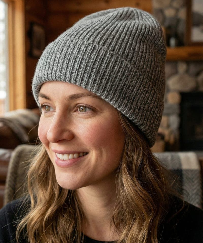 Woman wearing grey ribbed cashmere hat indoors, front view