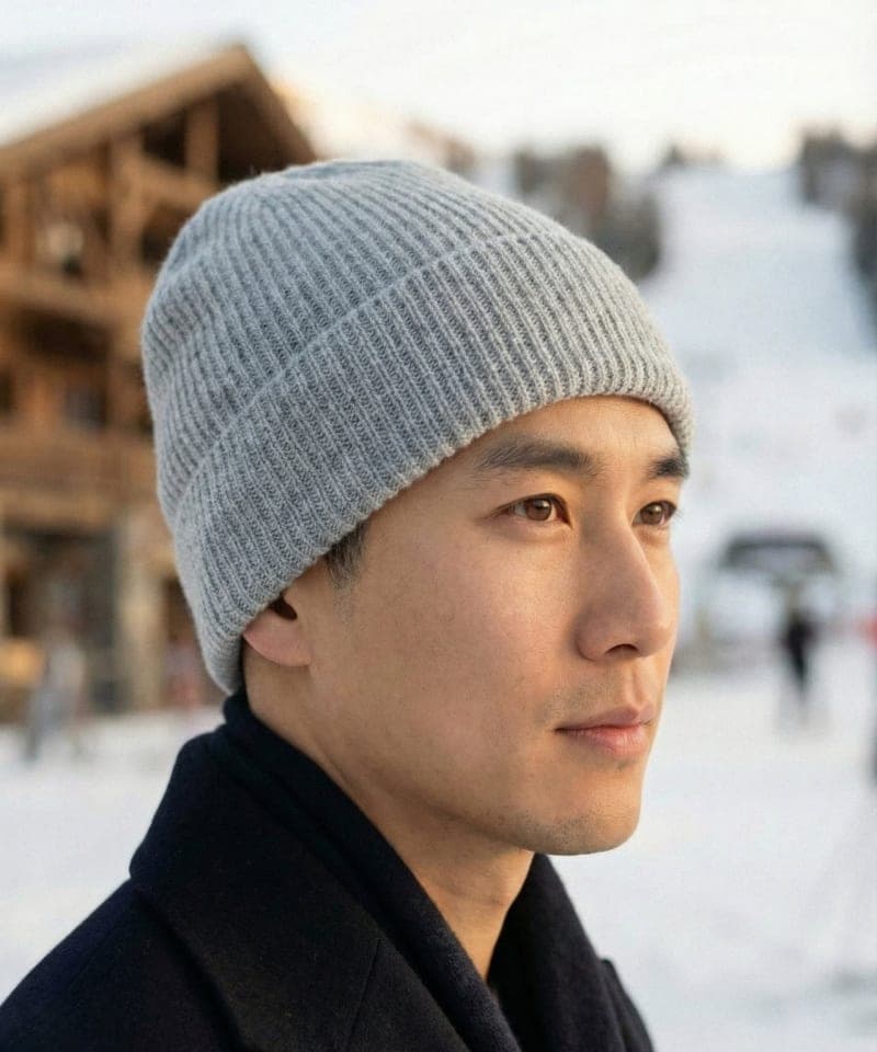 Man outdoors wearing light grey ribbed cashmere hat, front view