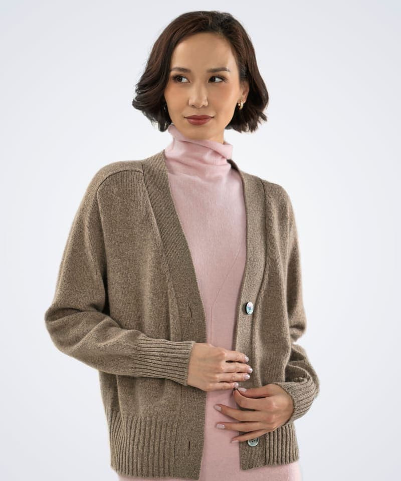 Front view of women's natural brown cashmere cardigan – Unur
