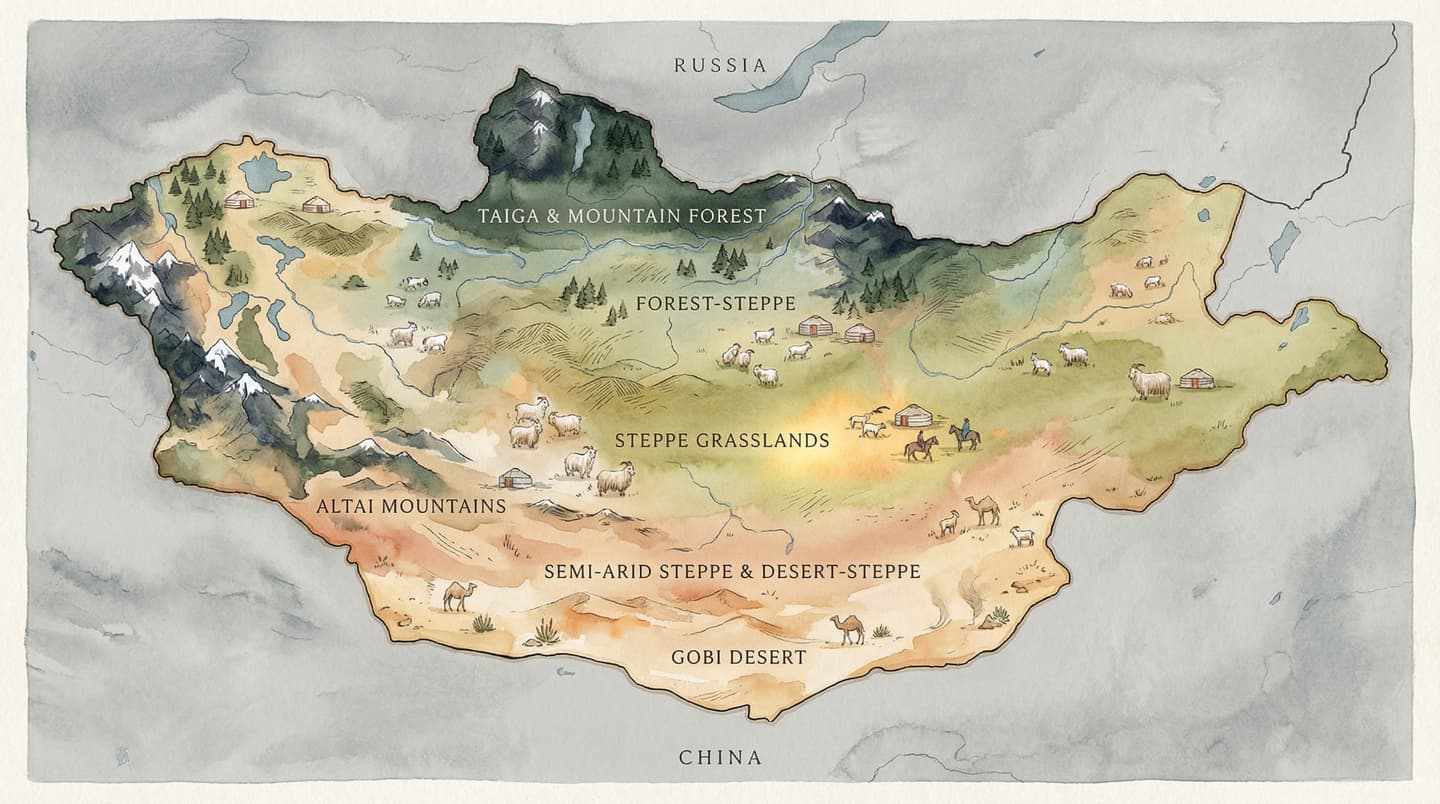 Map showing ecological zones for cashmere and yak wool in Mongolia